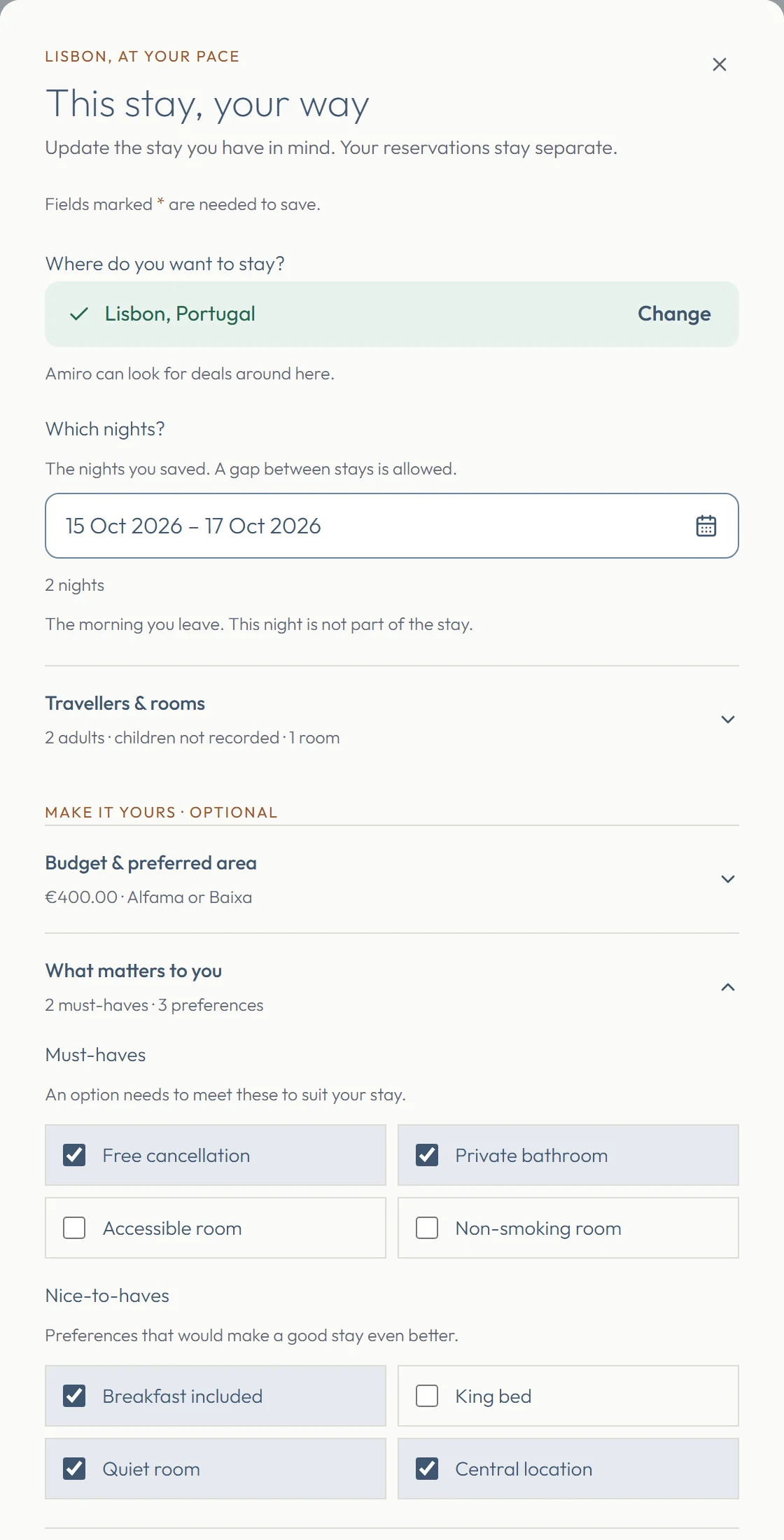 Amiro's Hotel plan editor for Lisbon: the nights, travellers, a €400 budget, a preferred area, and chosen must-haves and nice-to-haves such as free cancellation and a quiet room.