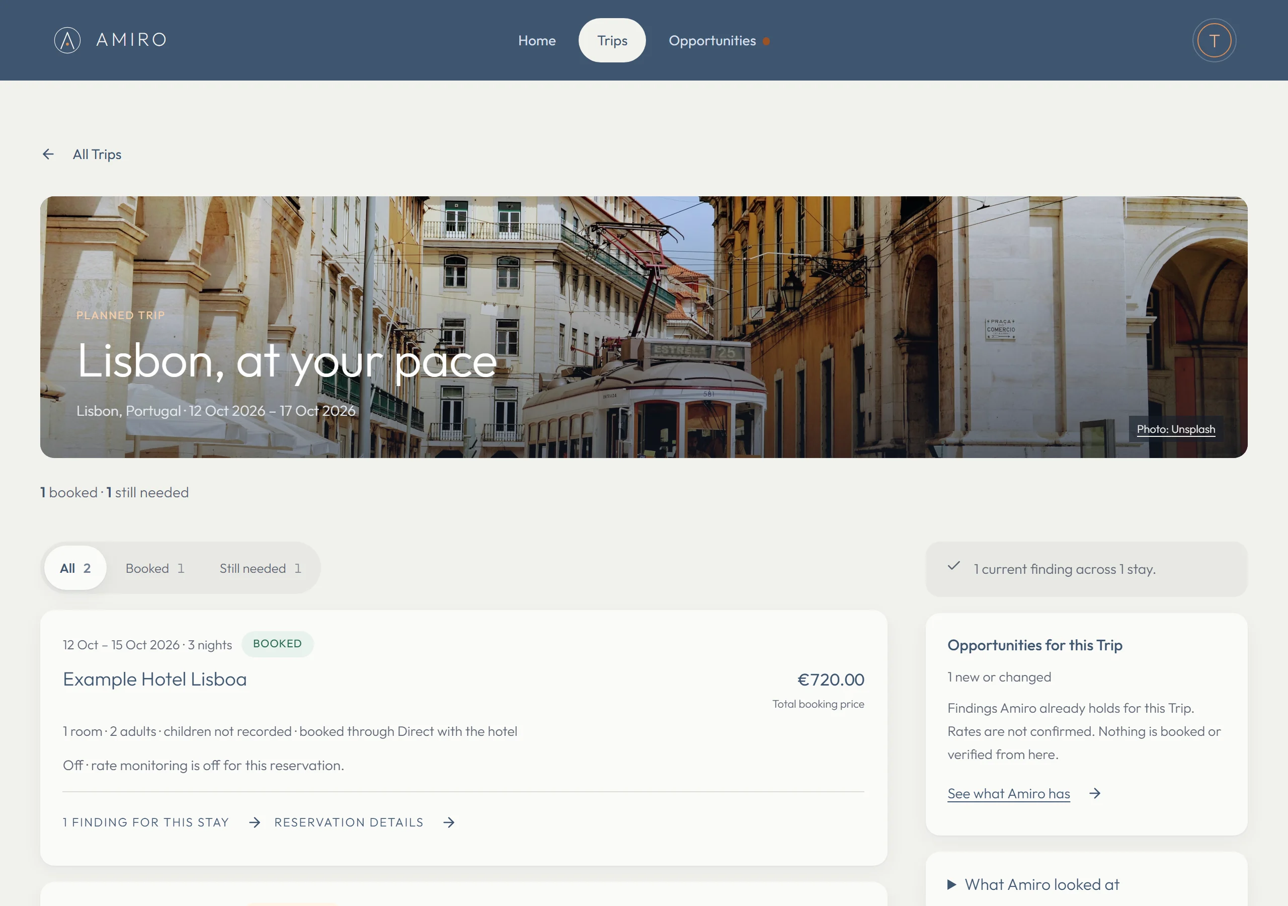 Amiro's Trip page for a Lisbon trip: a booked hotel reservation, a hotel still needed, and a panel of opportunities Amiro holds for the Trip.